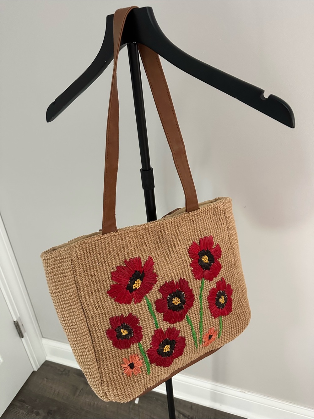 Nanette Lepore Woven Jute Floral Embroidered Tote Bag Brown Red Large